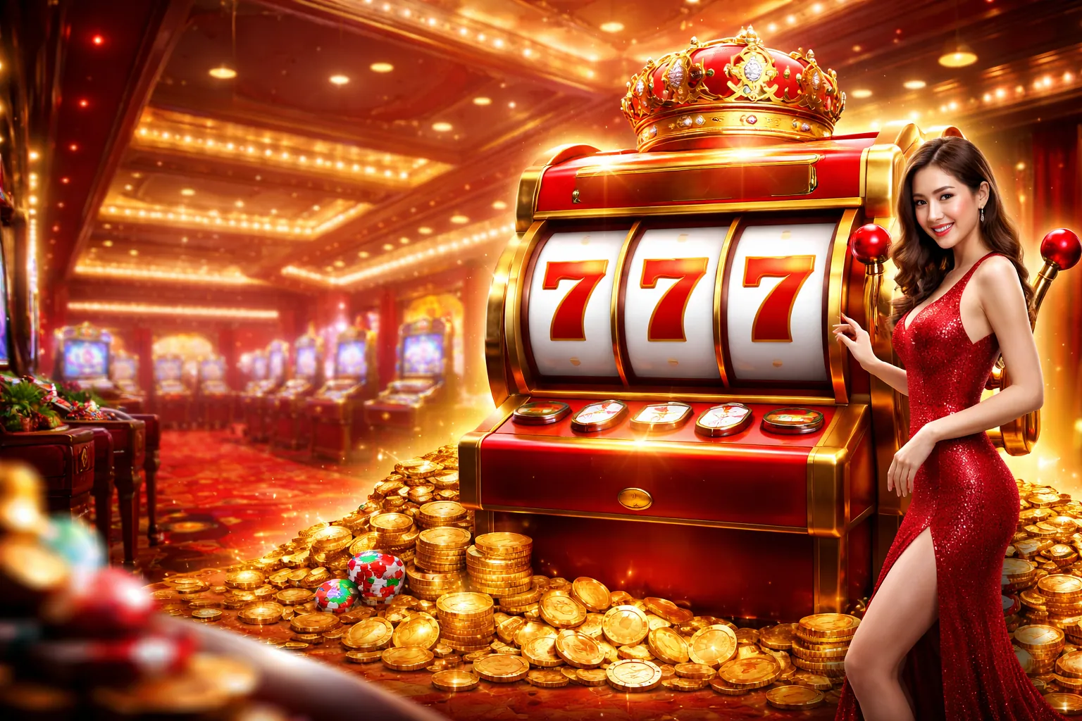 Hình ảnh chính sảnh Slot Game JN88 với các máy đánh bạc rực rỡ và biểu tượng khuyến mãi JN88 hấp dẫn